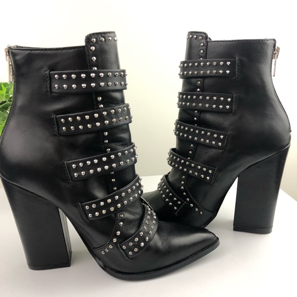 Steve Madden Comet Studded Buckle Pointed Black Leather Heel Boots Size 6 - Picture 10 of 15